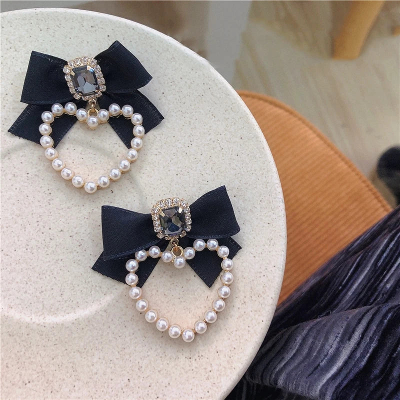 New Korean Trendy 925 Silver Needle Black Bowknot Square Crystal Drop Earrings for Women Elegant Pearl Heart Jewelry Gifts