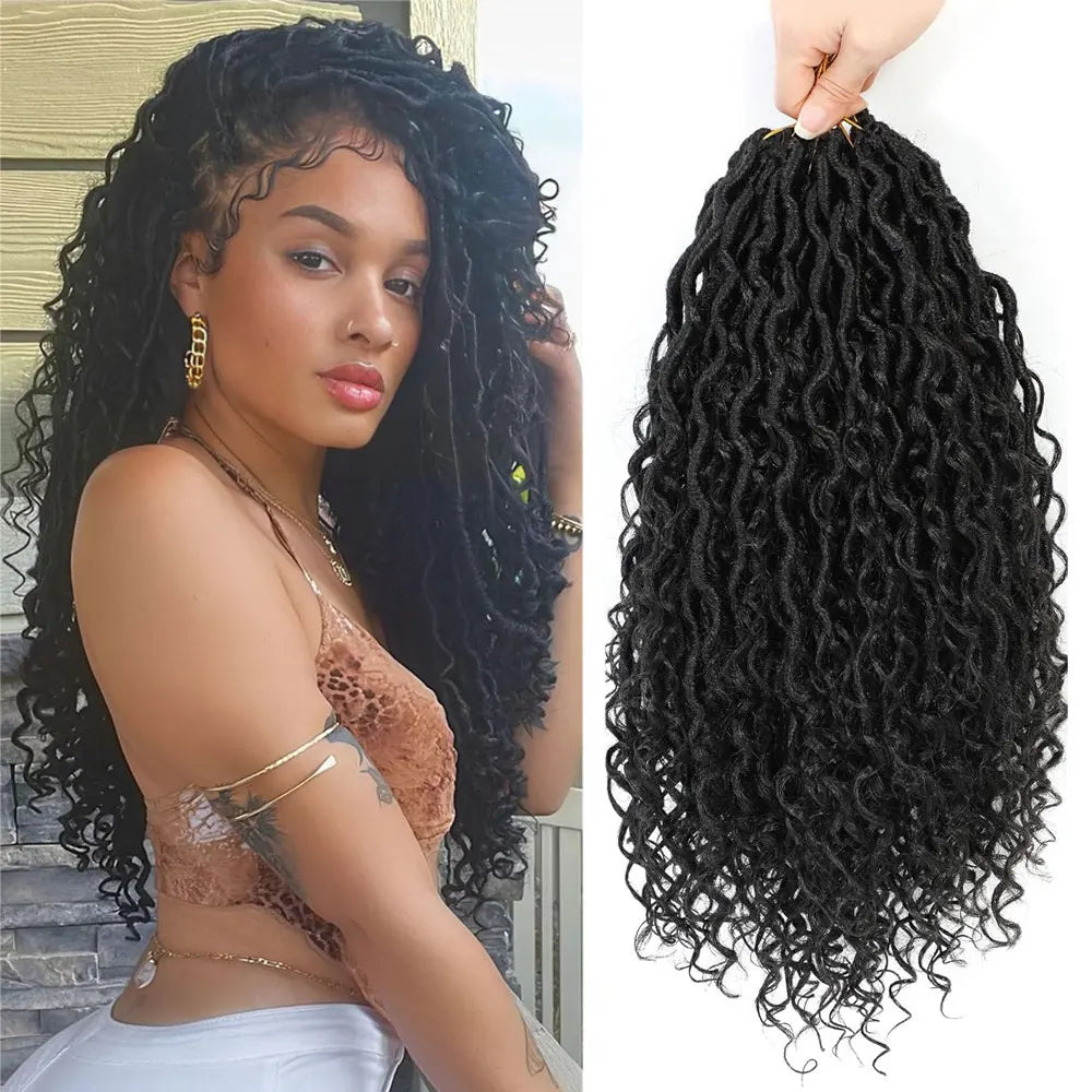 14-inch faux locs crochet hair with curly ends, pre-looped synthetic goddess locs in an 8-pack, ideal for boho crochet braiding styles.