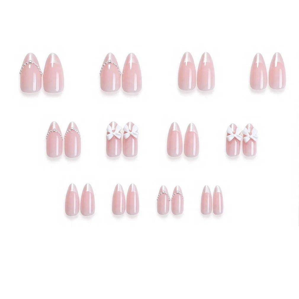HSF Marketplace white almond-shaped press-on false nails with handmade bow and pearl decorations, 24-piece set