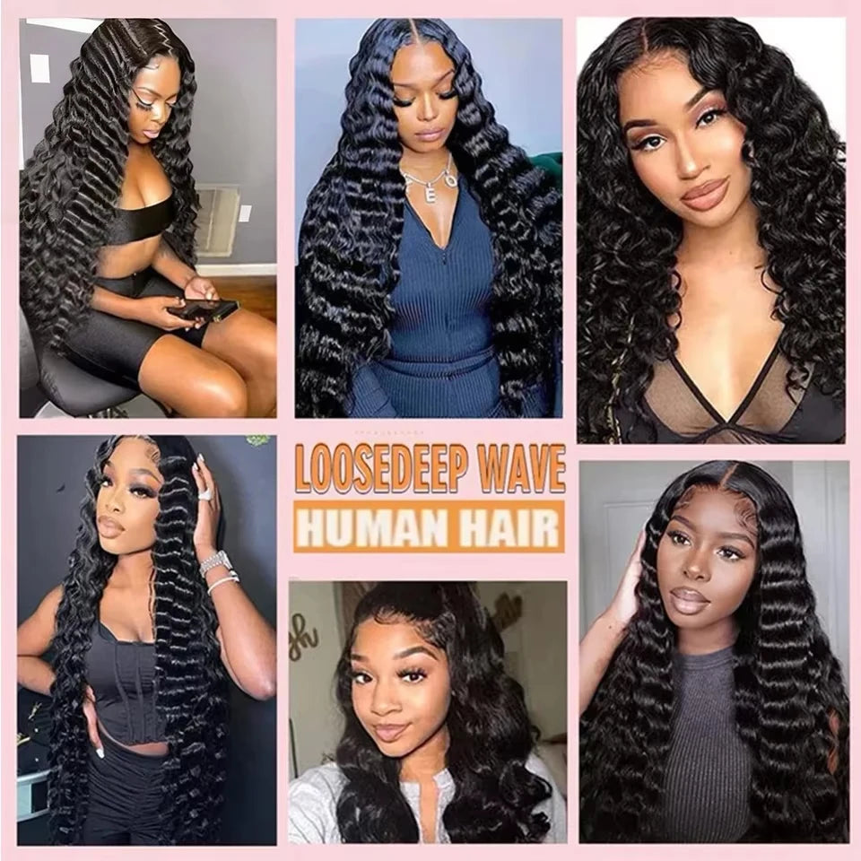 Loose Deep Wave Human Hair Bundles With Closure 4x4 13x4 HD Transparent Lace Frontal And 3/4 Bundles Unprocessed Raw Double Weft Virgin Human Hair Extensions Weaves Brazilian Remy Hair Bundles Deals For Women Daily Use Birthd