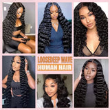 Loose Deep Wave Human Hair Bundles With Closure 4x4 13x4 HD Transparent Lace Frontal And 3/4 Bundles Unprocessed Raw Double Weft Virgin Human Hair Extensions Weaves Brazilian Remy Hair Bundles Deals For Women Daily Use Birthd