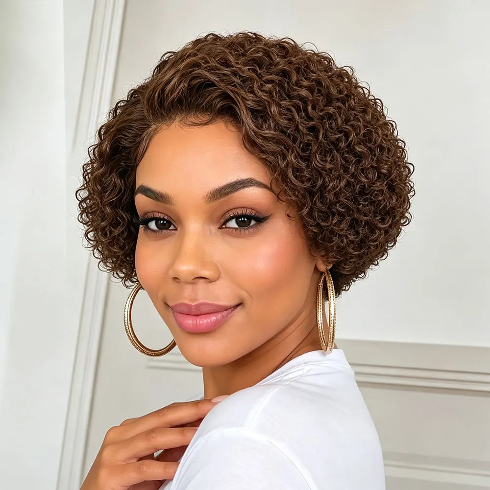 Brown curly wave lace front wig for women, short Remy human hair wig
