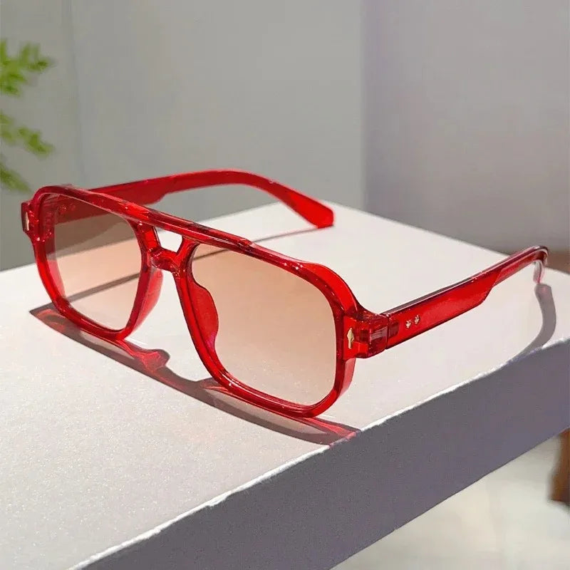 Vintage square sunglasses with double bridges, ocean-colored UV400 lenses, rivet accents, designed for women and trending fashion.