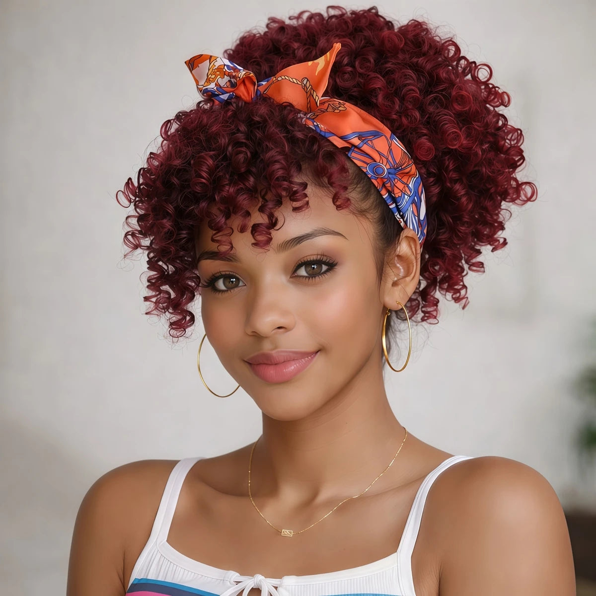 HSF Marketplace ombre burgundy curly afro puff drawstring ponytail bun with bangs for women
