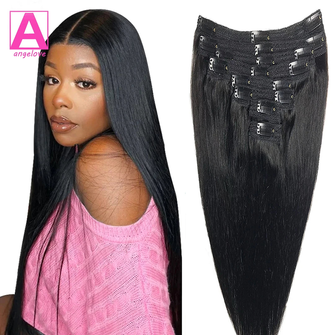 Straight clip-in human hair extensions, natural black 18-clip double weft set for women