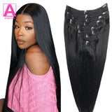 Straight clip-in human hair extensions, natural black 18-clip double weft set for women