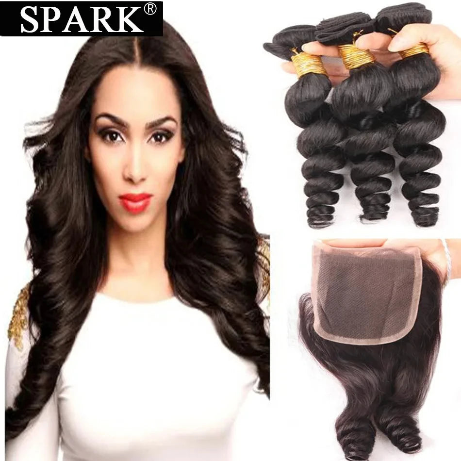 Spark Ombre Peruvian Loose Wave Bundles with Closure Remy Hair Extension Human Hair Bundles with Closure