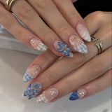 24-piece pink flower almond press-on false nails, kawaii wearable stick-on nail tips