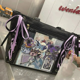 Cute Japanese ribbon ita bag, aesthetic transparent tote handbag for girls with decorative display panel