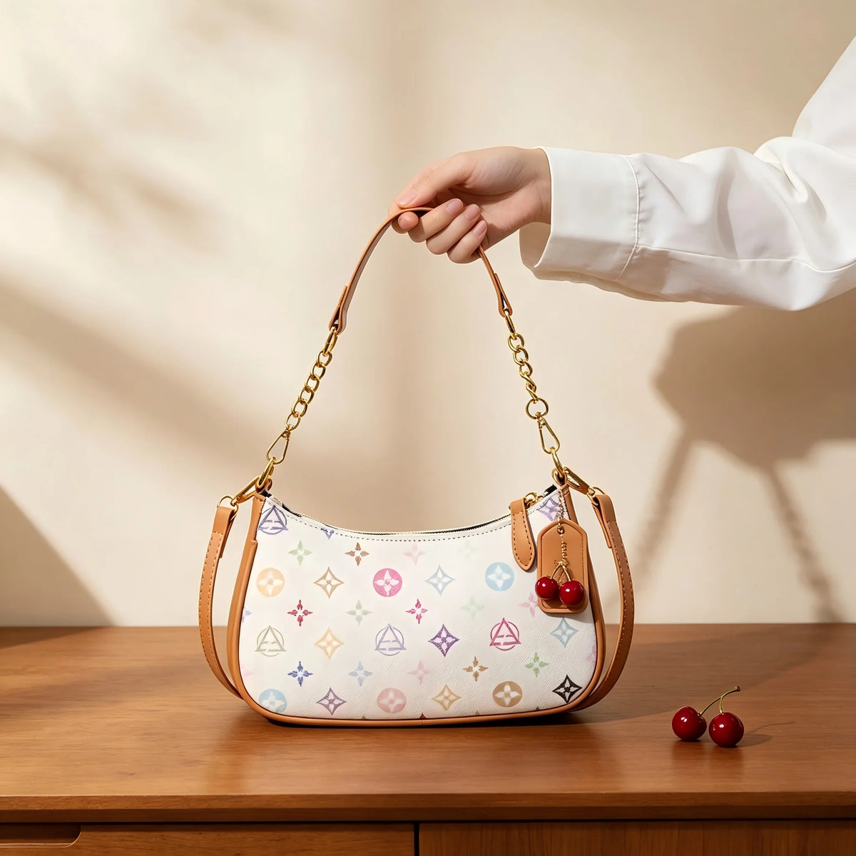Pink crescent shoulder bag with star and letter details for women, HSF Marketplace handbag