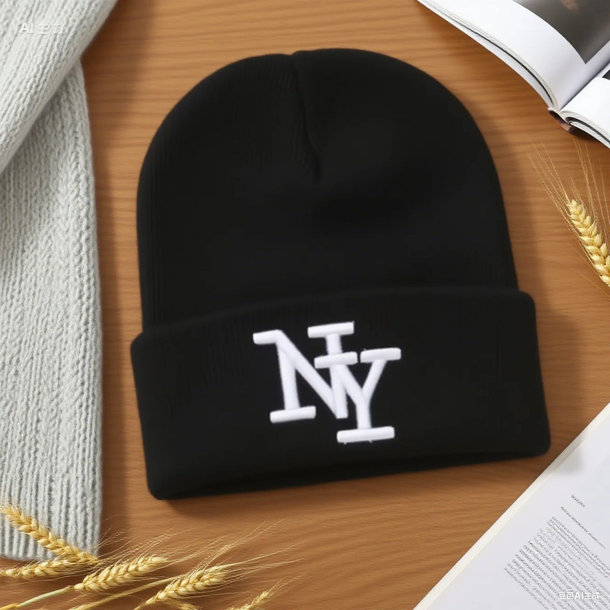 Unisex winter beanie hat, solid color knitted cap with 3D embroidery for outdoor sports and casual wear