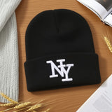 Unisex winter beanie hat, solid color knitted cap with 3D embroidery for outdoor sports and casual wear