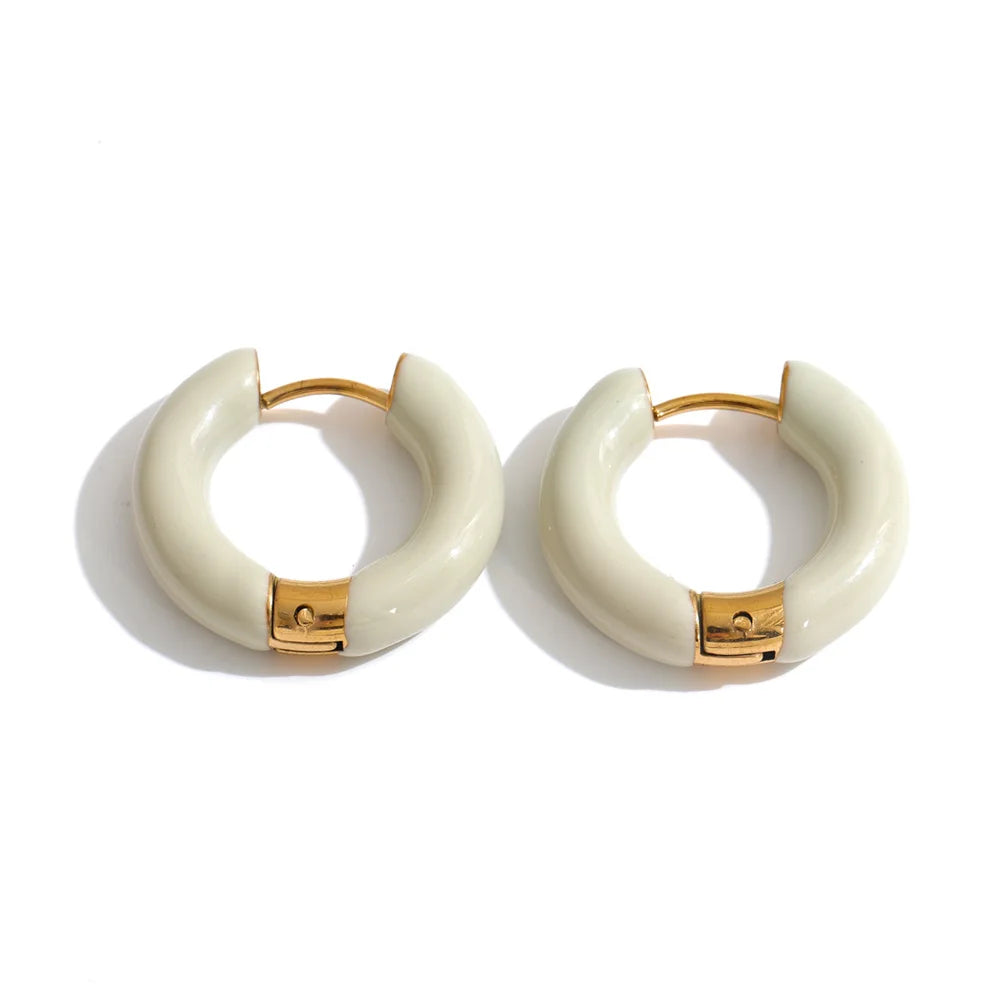 Minimalist stainless steel enamel hoop earrings in lavender and beige by HSF Marketplace