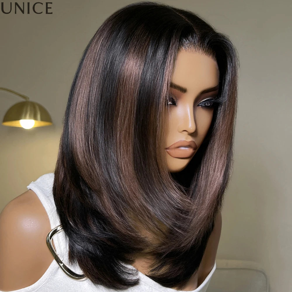 Human hair sleek straight layered bob wig with warm brown highlights by HSF Marketplace