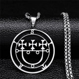 Stainless steel Satan necklace featuring Sigil de Lucifer and Baphomet stamp from HSF Marketplace, with detailed chain and pendant design.