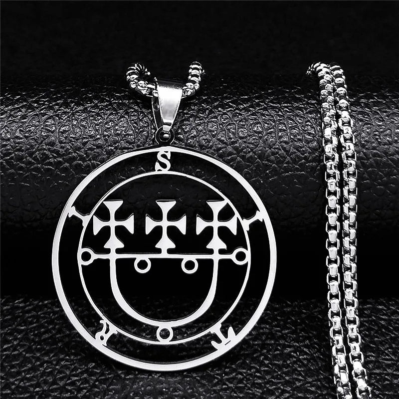 Stainless steel Satan necklace featuring Sigil de Lucifer and Baphomet stamp from HSF Marketplace, with detailed chain and pendant design.
