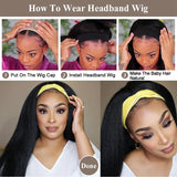 30-inch long thick kinky straight human hair headband wig, yaki texture, glueless full machine wig for women
