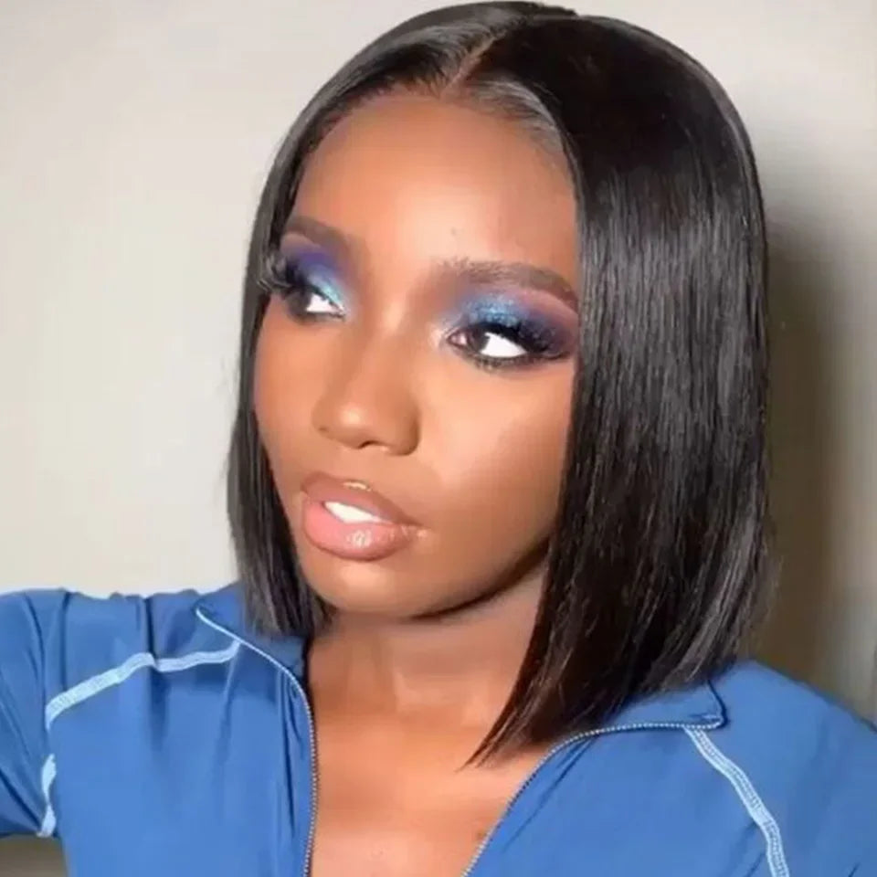 Brazilian straight lace bob wig with dark human hair, lace part, 180% density, short style, natural Remy black hair.