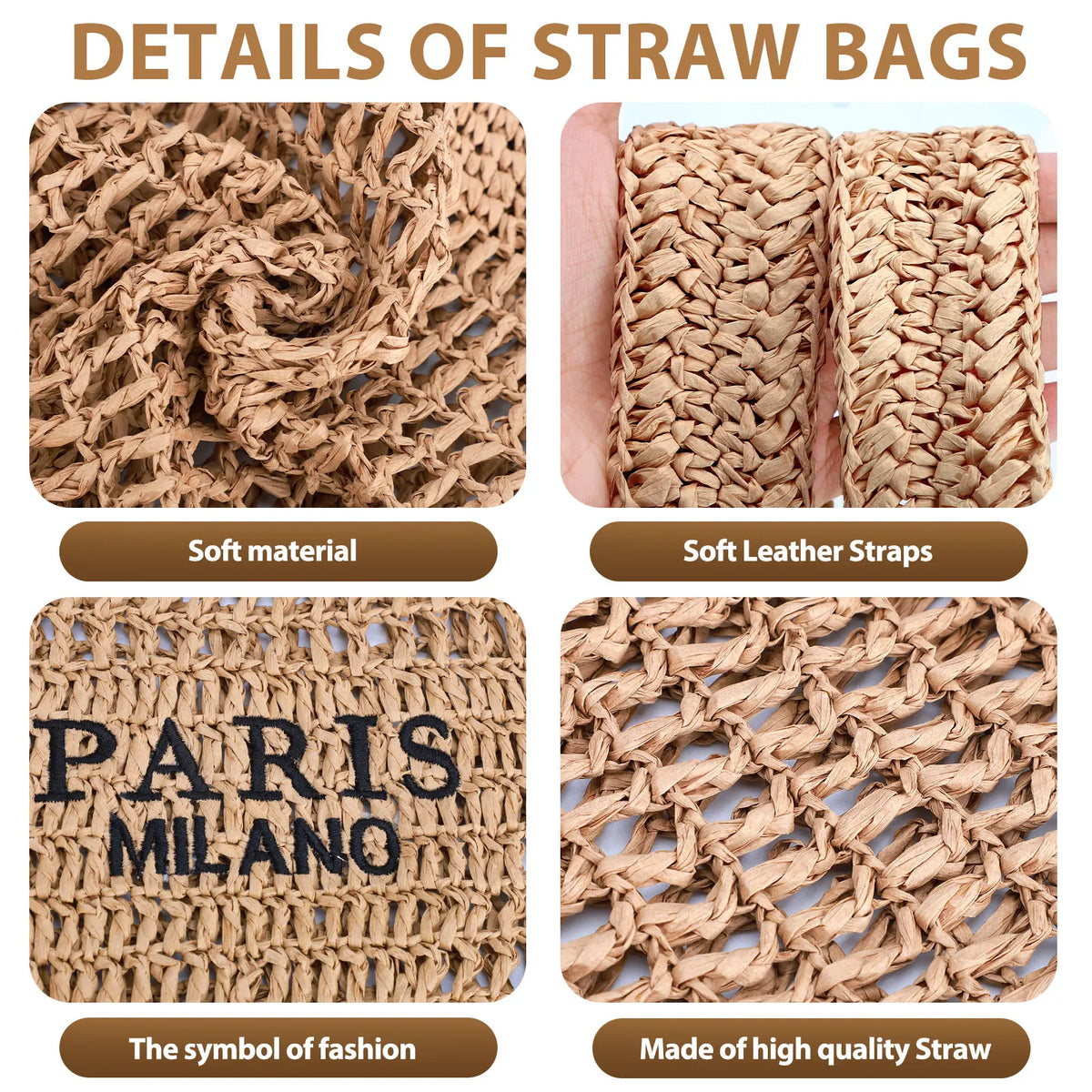 Handmade woven straw beach bag for women with summer mesh hollow shoulder design, perfect for holidays and beach outings.