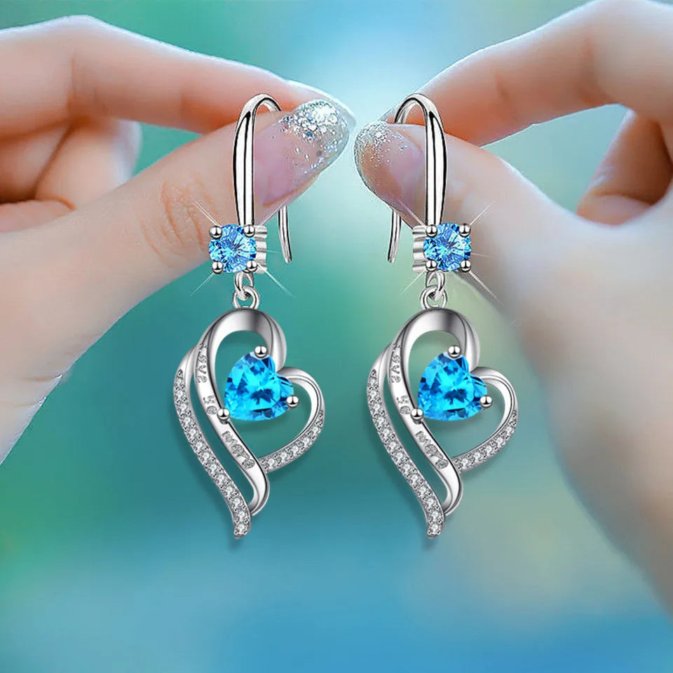 Silver heart drop earrings for women with colorful zircon stones by HSF Marketplace