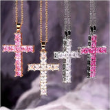 Colorful crystal Jesus cross pendant necklace for women, featuring gold chain and stylish jewelry design.