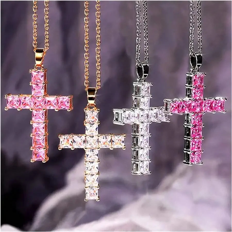 Colorful crystal Jesus cross pendant necklace for women, featuring gold chain and stylish jewelry design.