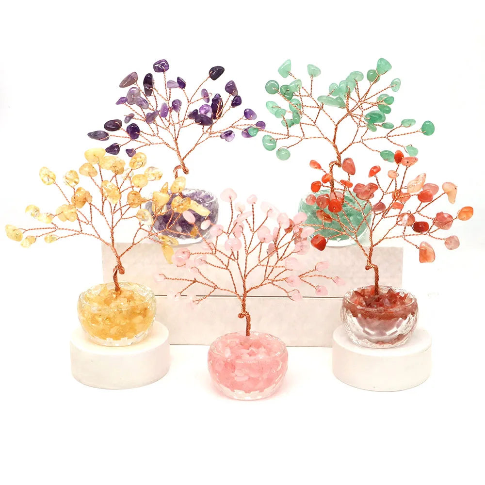 Natural Stone Crystal Money Tree Healing Gemstone Citrine Amethyst Copper Wire Wrapped Yoga Feng Shui Tree Home Decor Lucky Gift
