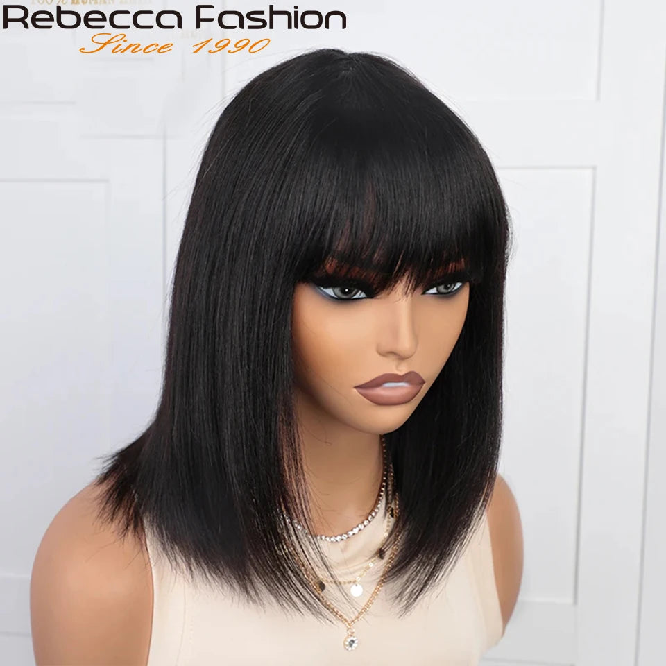 Rebecca Natural Black 99J orange short straight human hair wig with bangs, full machine-made daily wig for women.