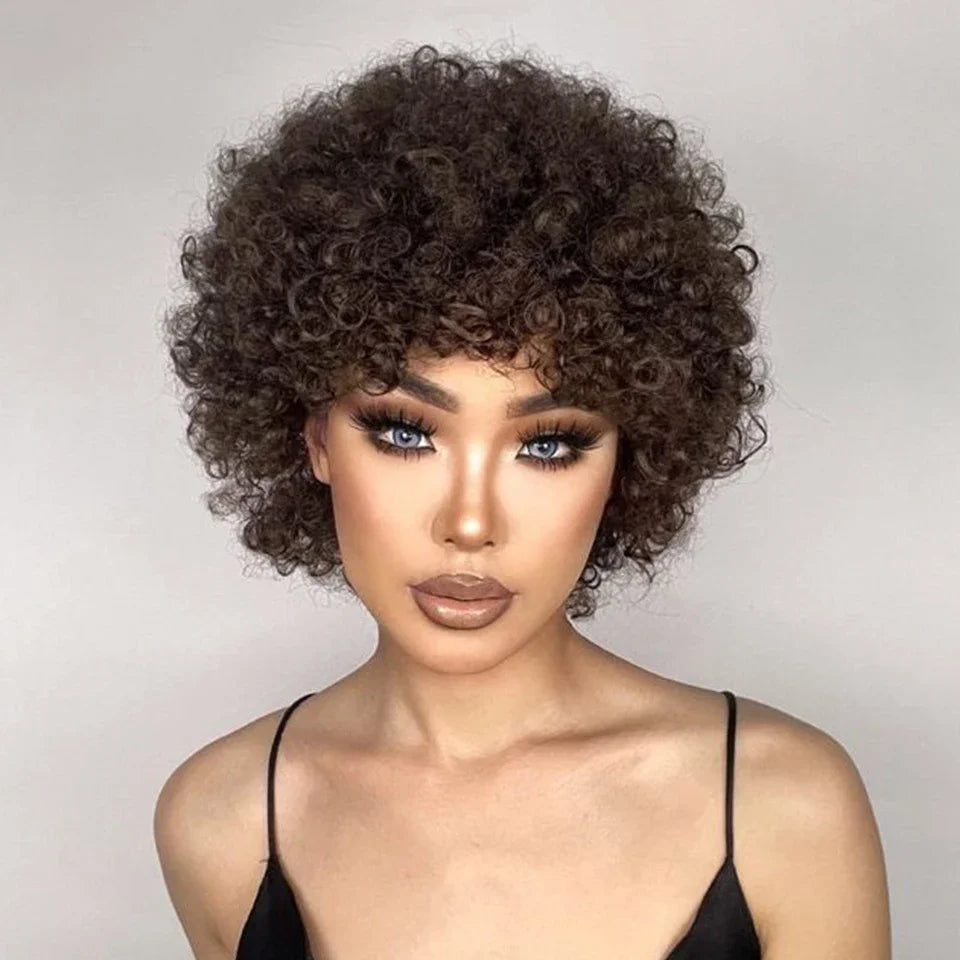 Rebecca short pixie afro kinky curly human hair wig in natural brown with bangs for Black women