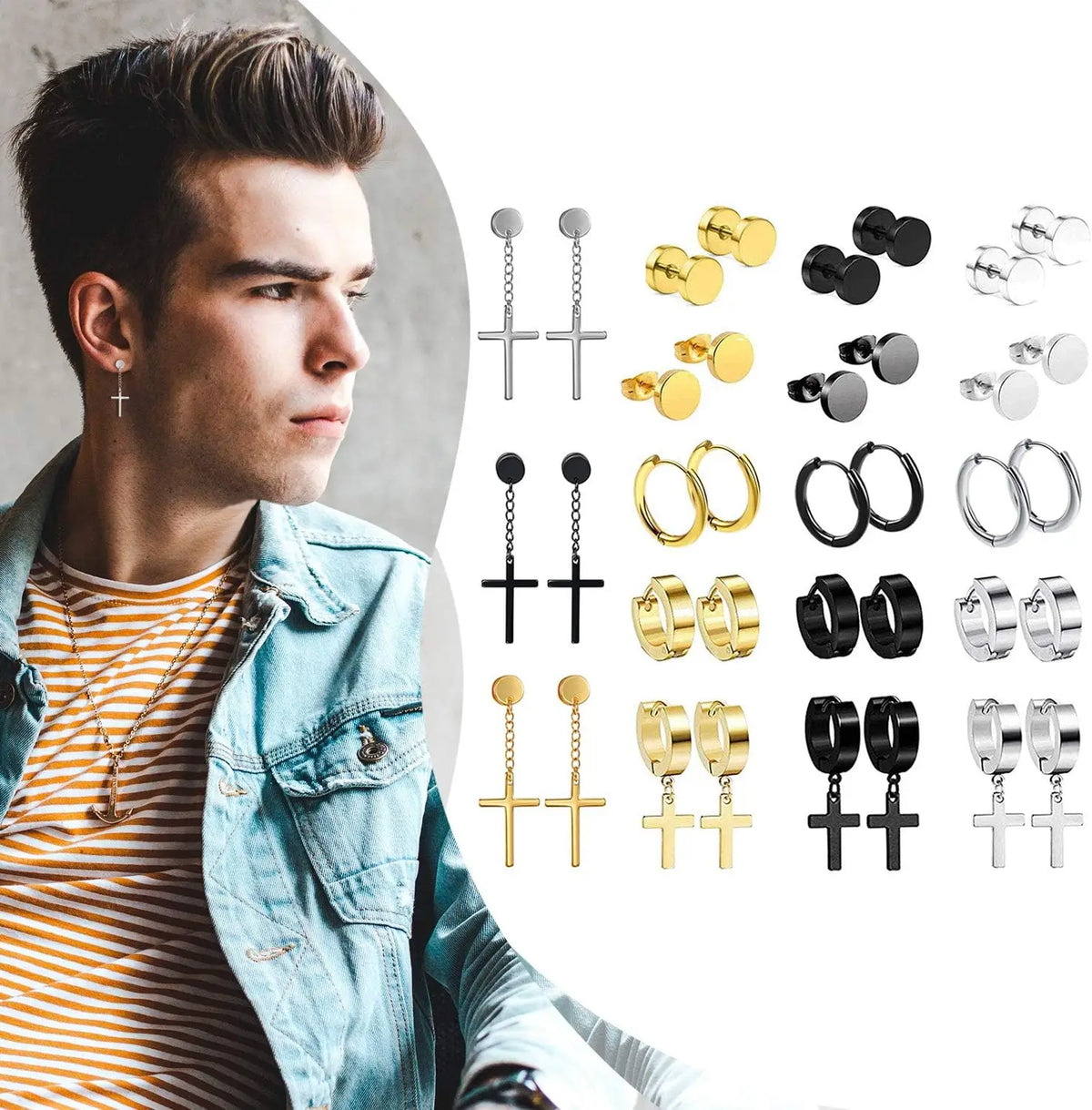 Black stainless steel stud earrings set for men and women by HSF Marketplace