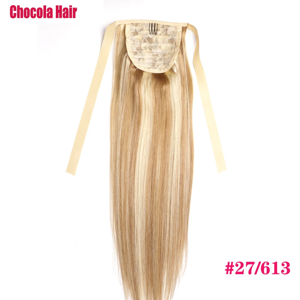 Chocola 16-18 inch Brazilian Remy human hair ribbon ponytail clip-in, 60g, straight style