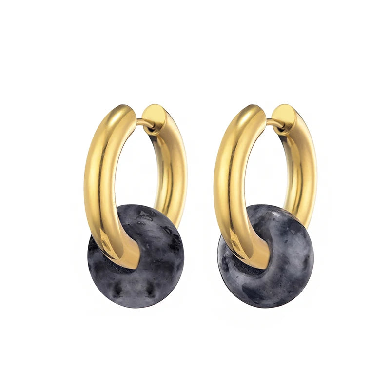 Classic fashion natural stone turquoise round bead hoop earrings with 3mm thick stainless steel, HSF Marketplace jewelry
