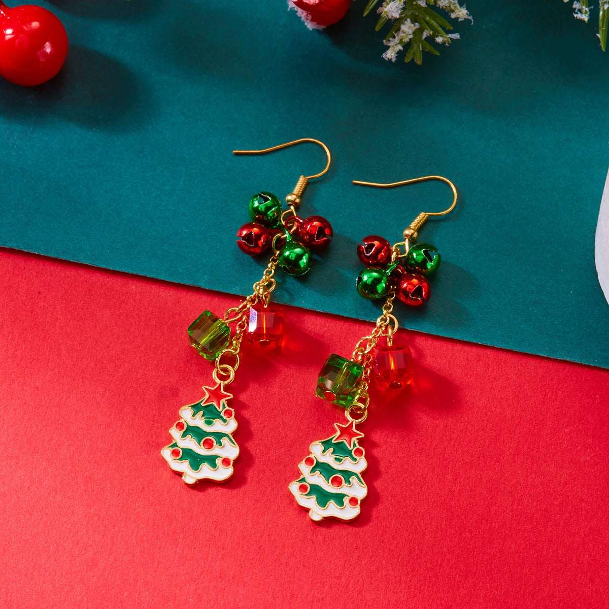 Trendy Christmas asymmetrical dangle earrings for women by HSF Marketplace, festive holiday design