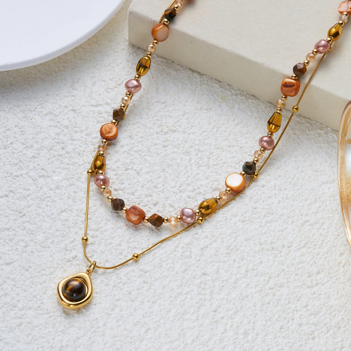 Retro 3 Layers Gold Plated Tiger Eye Stone Necklace For Women Boho Sun Zircon Sun Pendant Beaded Stackable Choker Party Jewelry