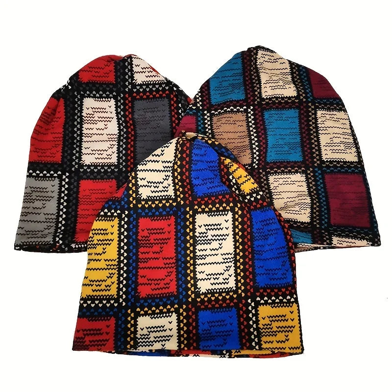 Women's vintage printed beanie hat, cozy autumn and winter knit design in a stylish pattern