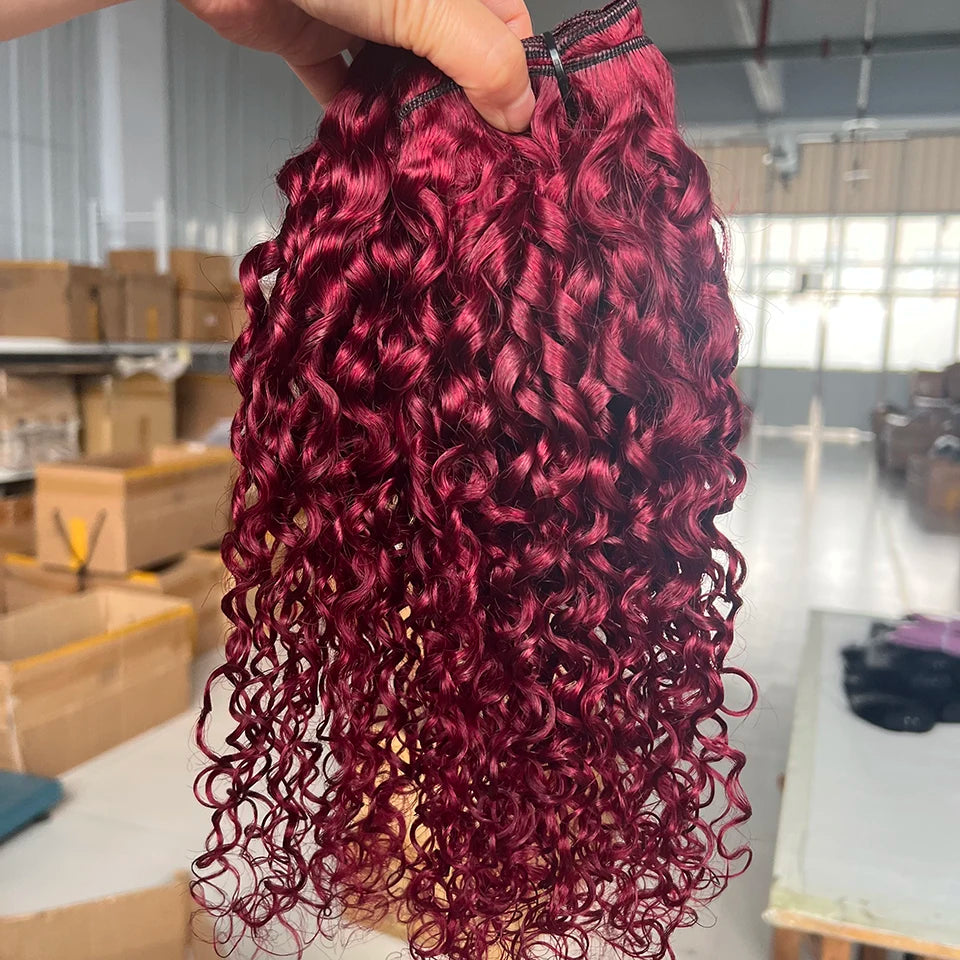 Pixie Curly Bundles with Closure 99J Burgundy Bundle with 4x4 Closure Brazilian Unprocessed Human Hair Weave Bundle with Closure