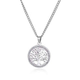 Stainless steel Tree of Life pendant necklace for women with AAA zircon border, hypoallergenic, adjustable chain, waterproof jewelry.