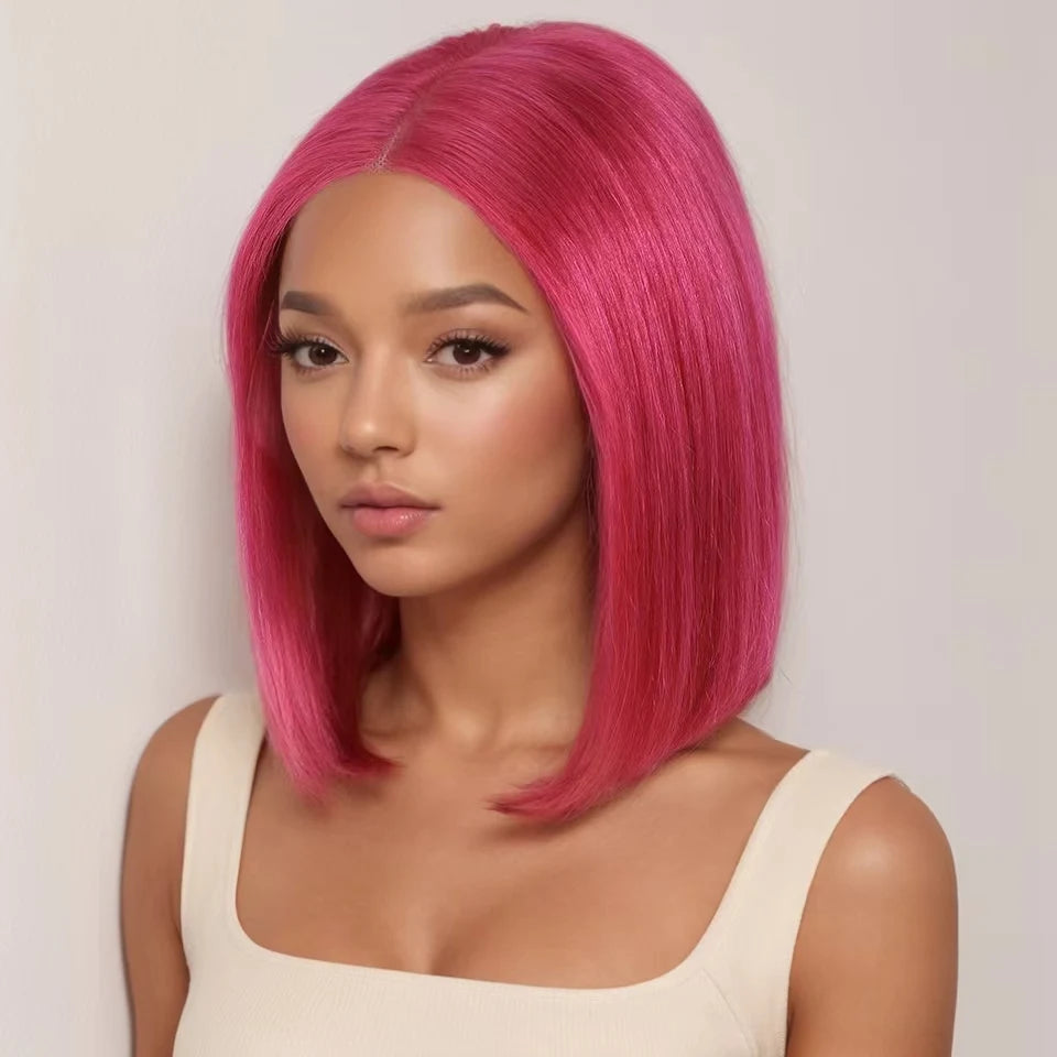 Hot pink human hair bob wig with lace front, short straight style, 13x5x1 lace, 180 density for women, from HSF Marketplace