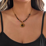 Tiger Eye stone stainless steel sun necklace for women, gold PVD plated choker chain, waterproof and tarnish-free jewelry.