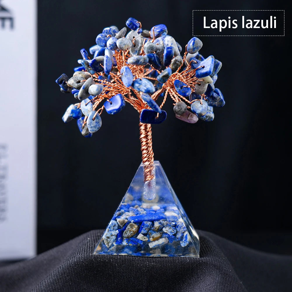 1pc Natural Crystal Tree Ornament Resin Pyramid Base Crystal Crushed Stone Fortune Tree Home Office Decoration Holiday Gift