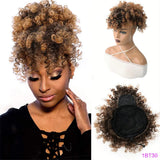 Afro puff drawstring ponytail with bangs, short kinky curly synthetic bun for Black women by HSF Marketplace