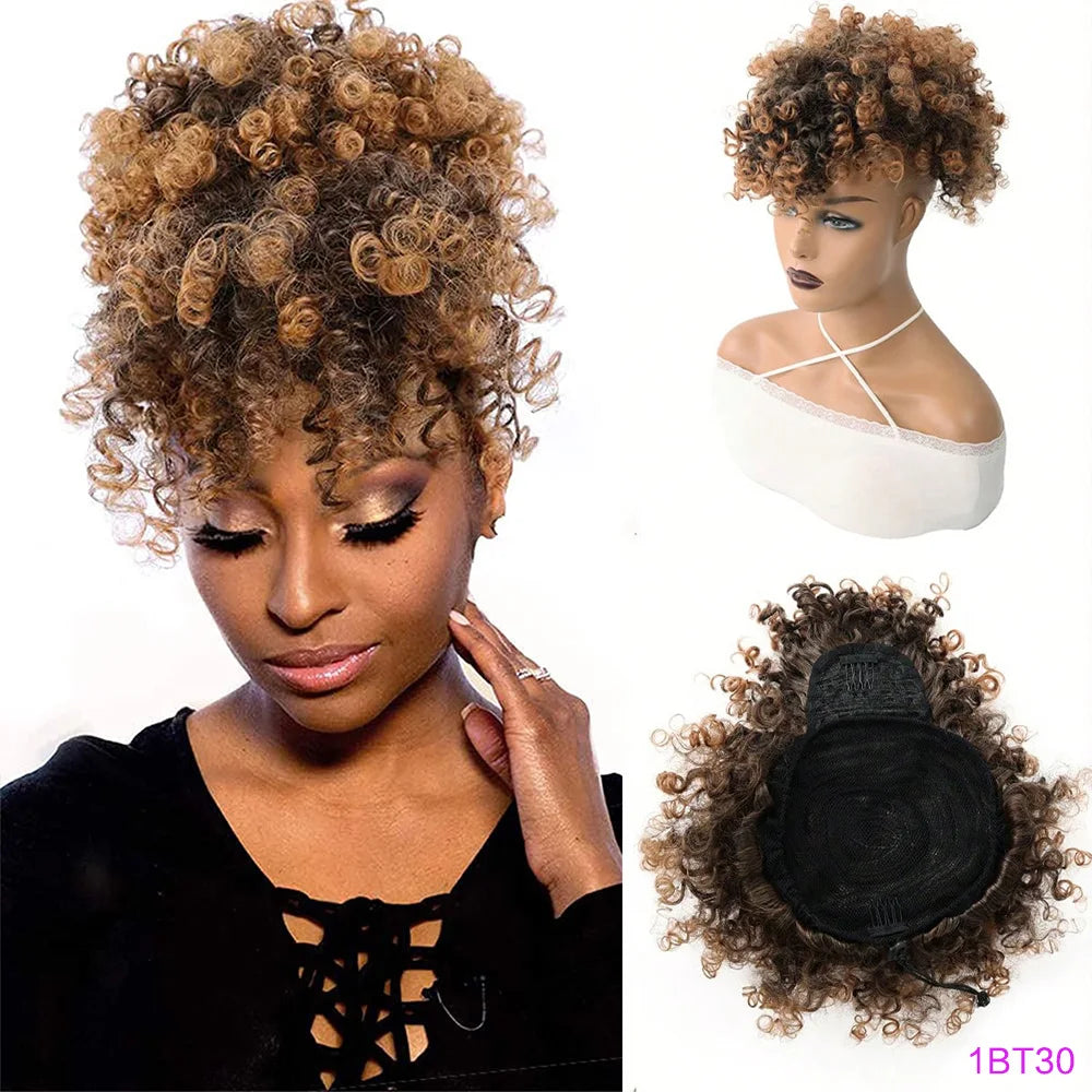 Afro puff drawstring ponytail with bangs, short kinky curly synthetic bun for Black women by HSF Marketplace