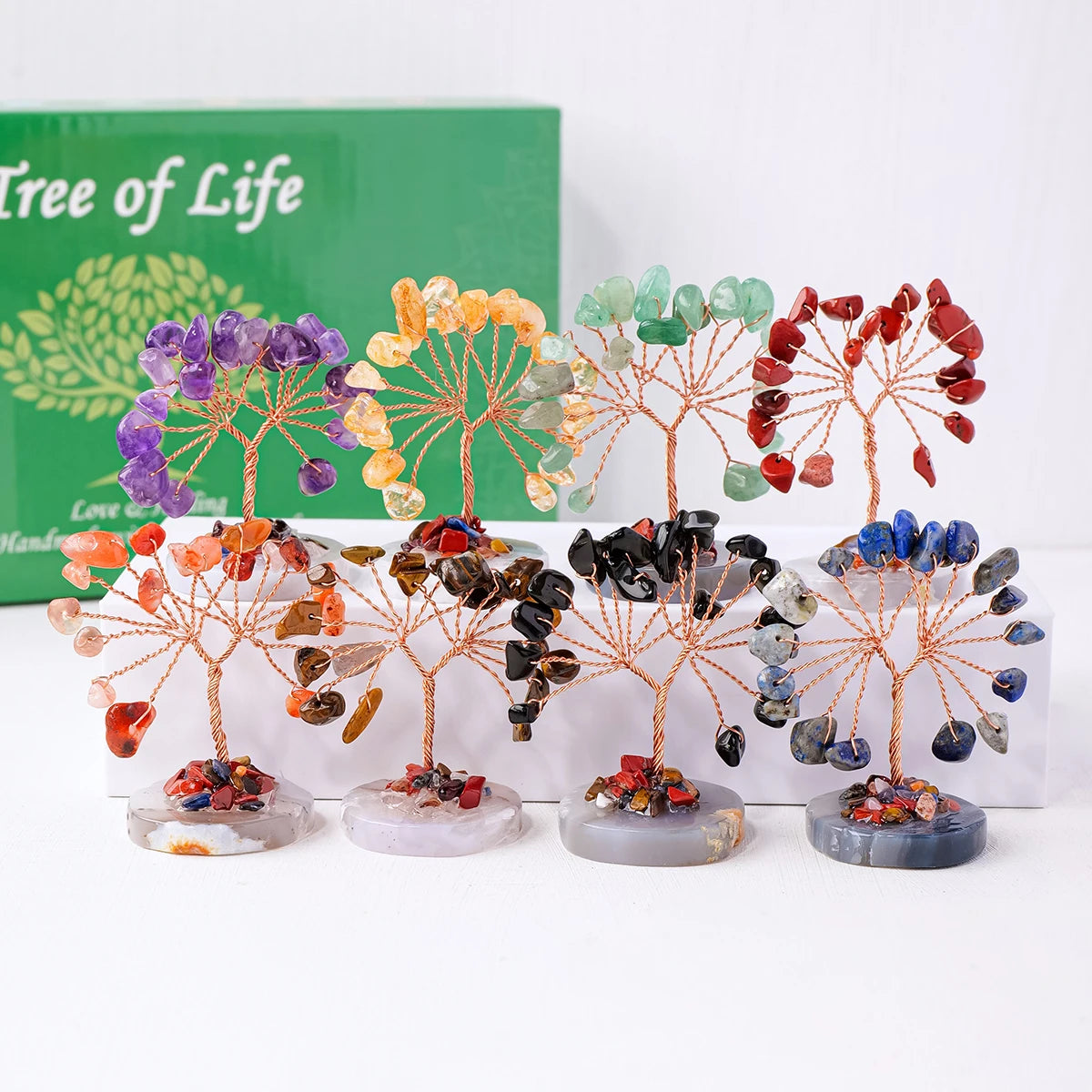 12pcs/box Natural Gemstone Crystal Chakela Lucky Tree With Agate Base Home Office Desk Living Room Crystal Decor Mini Sized Home