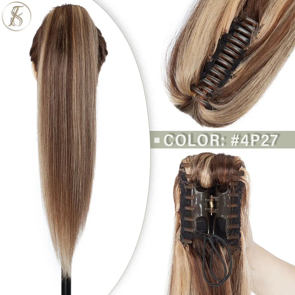 TESS Brazilian human hair claw clip ponytail extension, 14–22 inches, natural black and blonde hairpiece