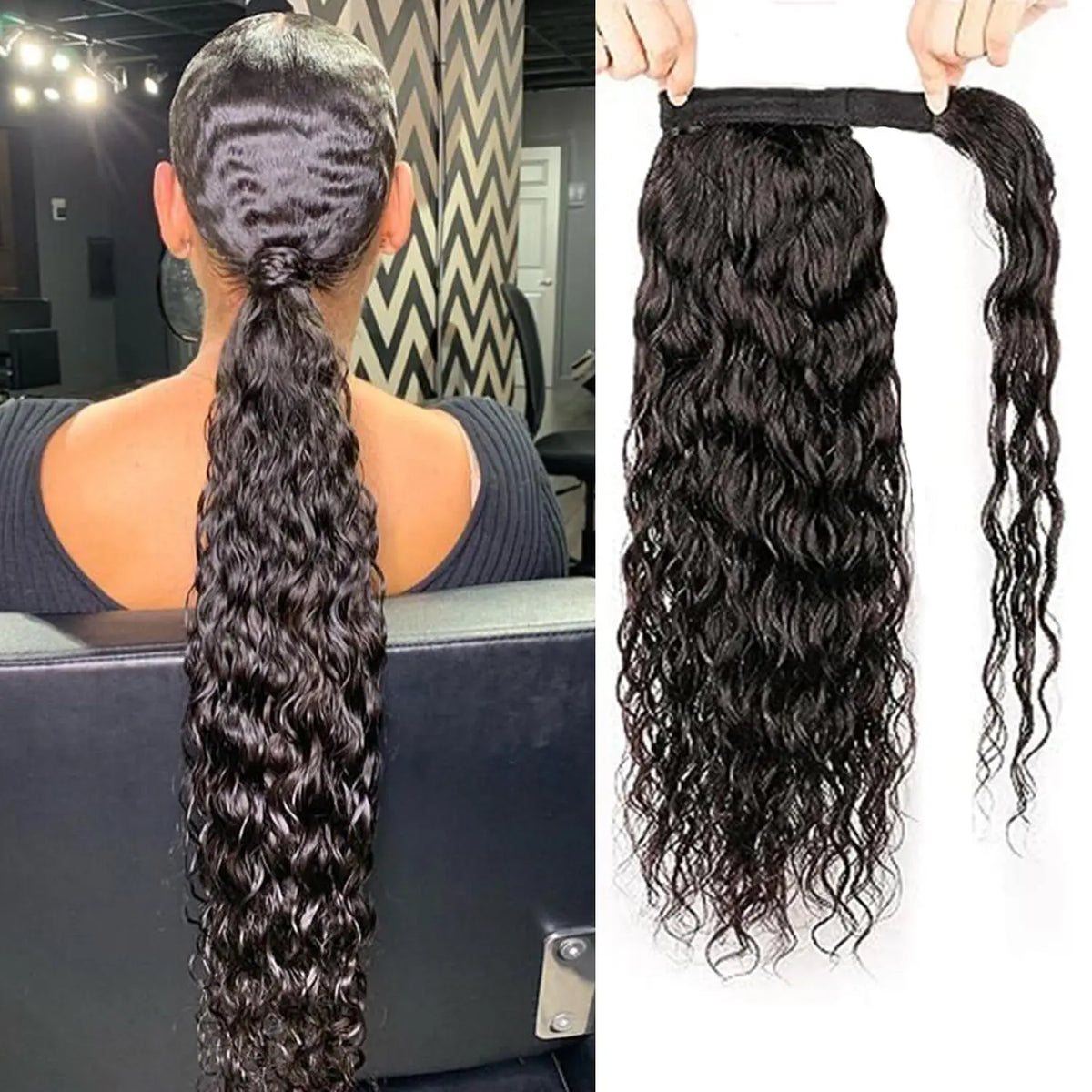 Water wave wrap-around ponytail human hair extensions in natural black by HSF Marketplace