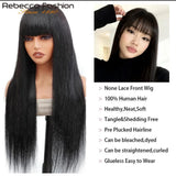 Straight human hair wig with bangs, 100% Remy human hair, full machine-made, suitable for women and beginners, by HSF Marketplace.