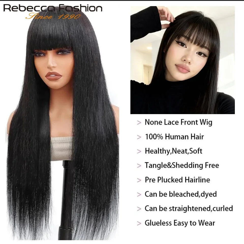 Straight human hair wig with bangs, 100% Remy human hair, full machine-made, suitable for women and beginners, by HSF Marketplace.