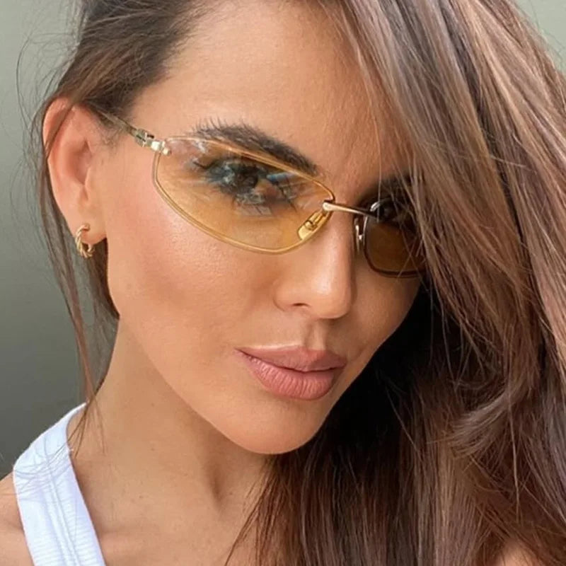 Oval frameless Y2K luxury sunglasses by HSF Marketplace with high-end punk style, outdoor retro design for women.