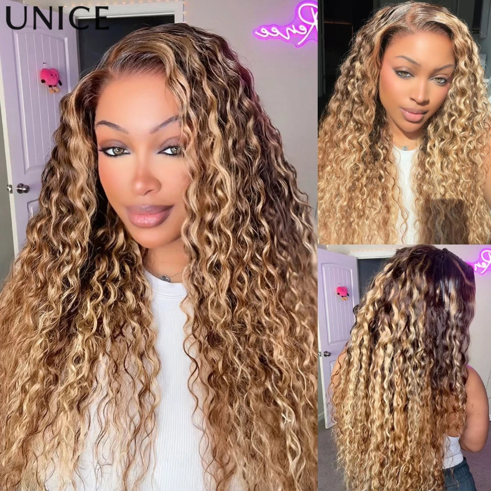 UNice Pre Everything 13x4 Lace Frontal Side Part Bronde Color With Honey Blonde Highlights Water Wave Human Hair Glueless Wigs