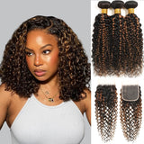 100% Virgin Burmese Curly Hair With 4x4 HD Lace Closure Highlight Kinky Curly With Closure Blonde Ombre Jerry Curly With Closure